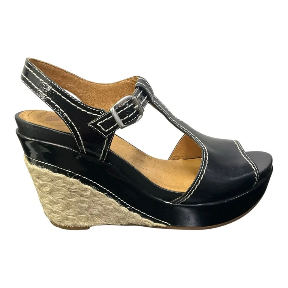 🌿 Nurture Women’s 9M Black Leather Espadrille Wedge Sandal Platform Heel NIB‎
